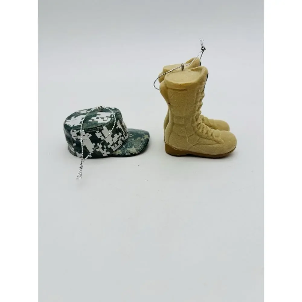 United States Army Christmas Ornament Lot Of 2 Hat And Boots Patriotic VG Cond